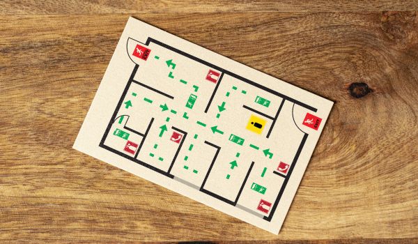 Emergency evacuation plan lays out route and exits in building