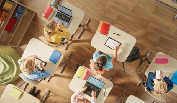 Top View Shot in Elementary School Computer Science Classroom