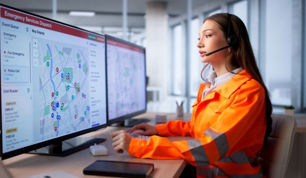Woman At Emergency Center Calmly Handling Urgent 911 Calls With Focus