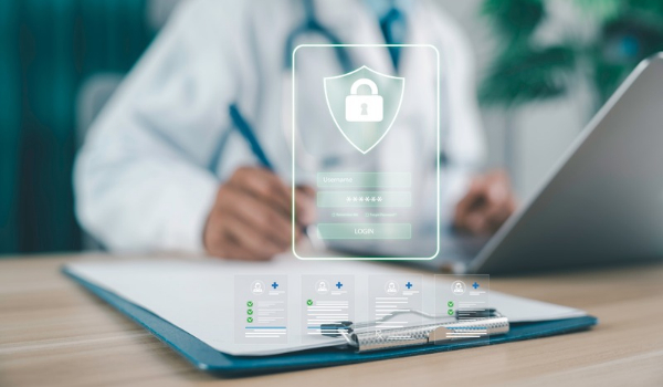 Healthcare professional working at a desk with a laptop, clipboard, and digital security shield graphic representing medical data protection.