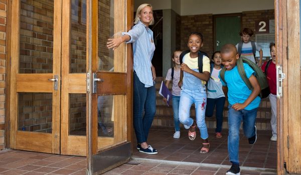 Students leaving school building