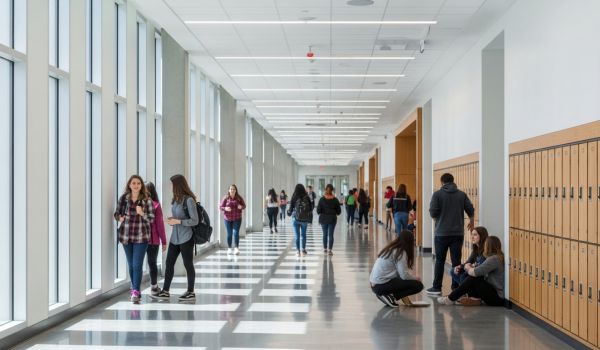 Bright School Hallway with Large Windows and Student Social Interaction