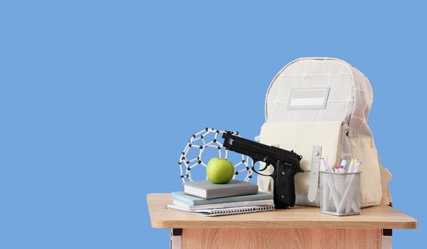 Gun, school bag, apple and markers on desk with blue background