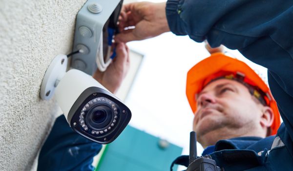 Technician worker installing video surveillance camera on wall