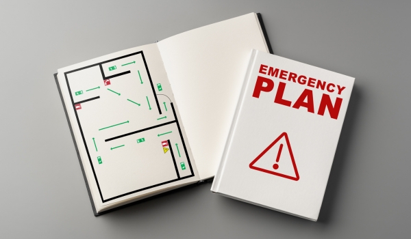 Emergency plan book showing safety map and guidelines for crisis situations