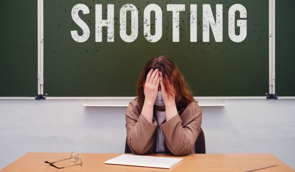 Text school shooting on the blackboard and sad teacher in the classroom