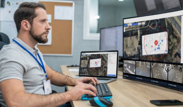 A security analyst works at a workstation monitoring live security camera feeds and a digital campus map on multiple screens.