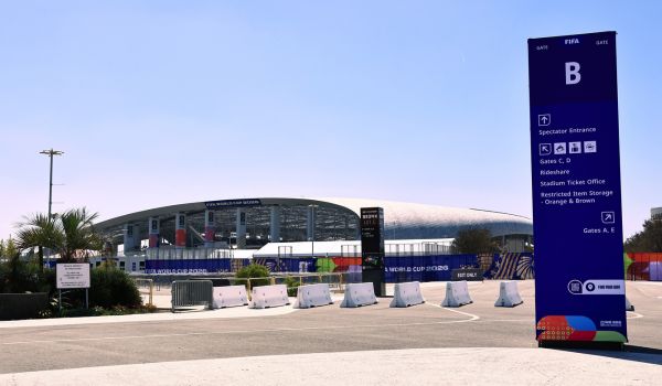Exterior view of SoFi Stadium with FIFA World Cup 2026 branding