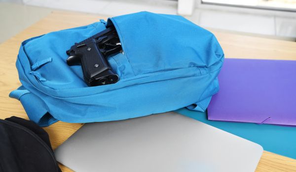 Gun with backpack, laptop and copybooks on desk in classroom, closeup