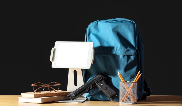 Backpack with gun, blank tablet computer and stationery on table against dark background