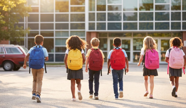 A group of elementary school children with colorful backpacks walking together toward a school building.