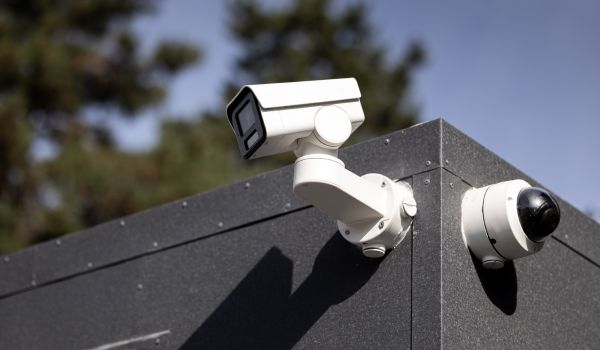 Surveillance cameras on building