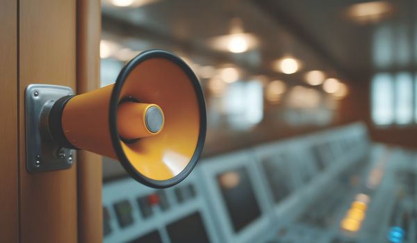 Yellow speaker attached to wall