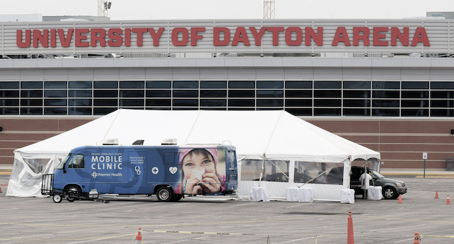 Dayton, Ohio 4/18/2020 : The first games of the 2020 NCAA Basketball Tournament were to be played at the University of Dayton Arena. Instead it became one of the first Covid-19 test sites.