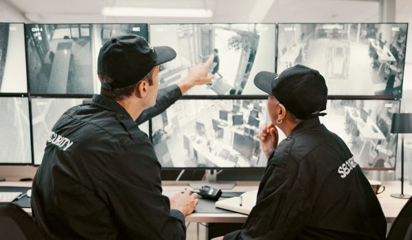 Camera, security and people pointing on computer screen for surveillance, observation and monitoring